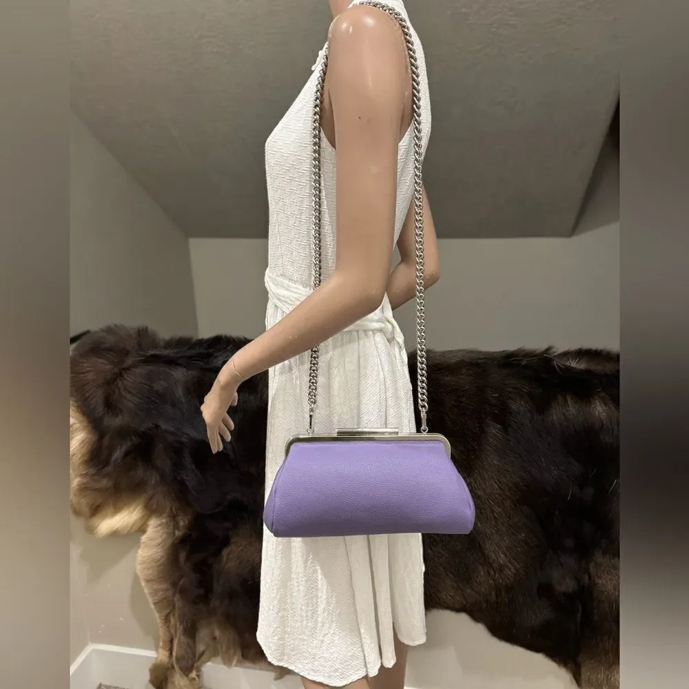 Purple Pebble Calfskin Leather Handmade Push Lock Baguette Bag, Multi Use Style